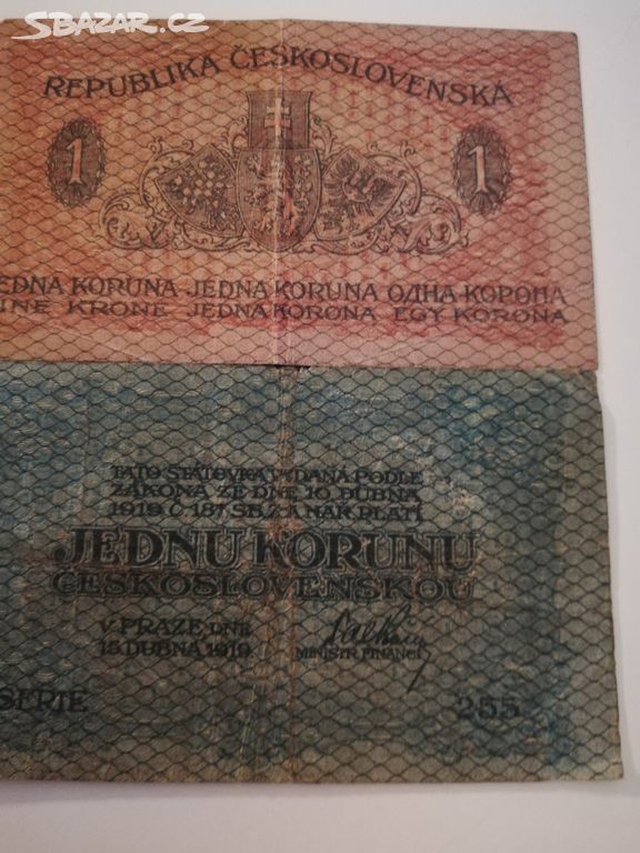 Stará bankovka Československo 1 Koruna 1919