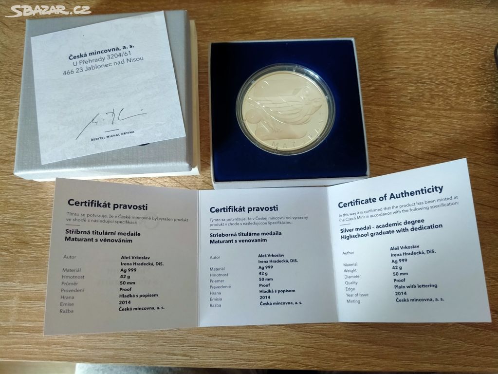 Stříbrná titulární medaile Maturant s věnováním