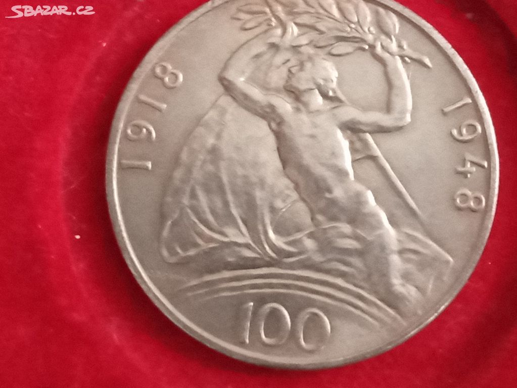 100 Kčs-1948-30 let Československa stříbrná mince.