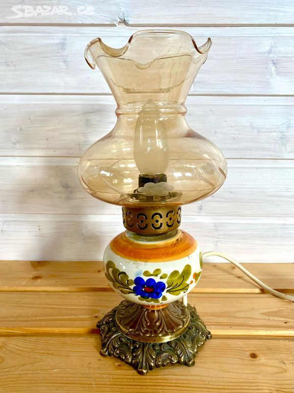 Stará stolní lampa z mosazi a porcelánu
