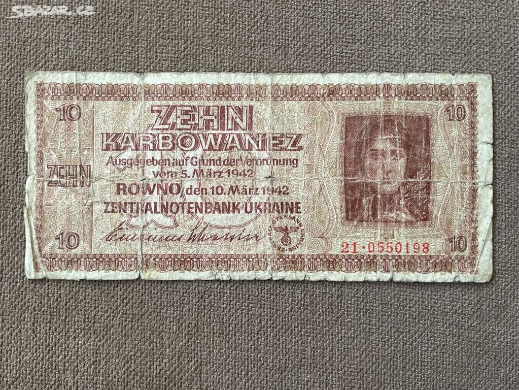 Bankovka 10 Karbowanez, Ukrajina 1942