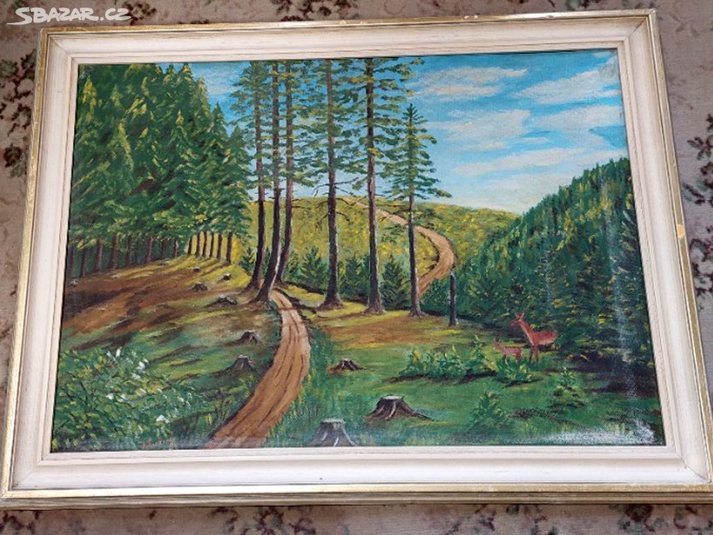 starý obraz lesní krajina sign. J. Lužný