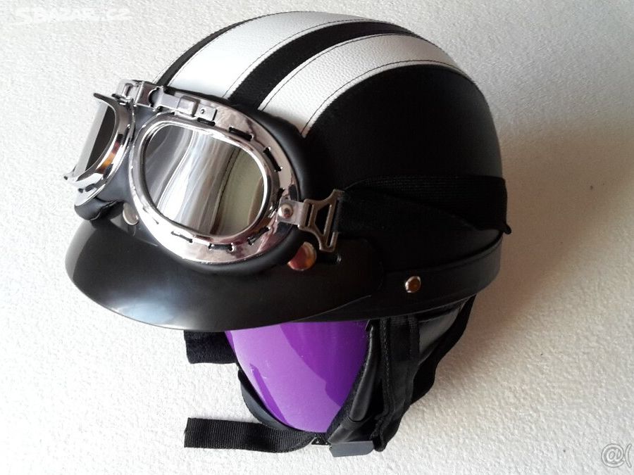 Retro helma černá- bílé pruhy