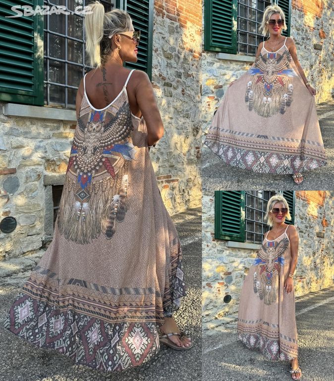 Maxi long dámské letní šaty vzorem Indian béžové