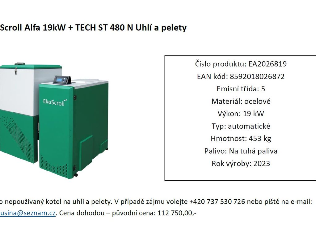 EkoScroll Alfa 19kW + TECH ST 480 N Uhlí a pelety