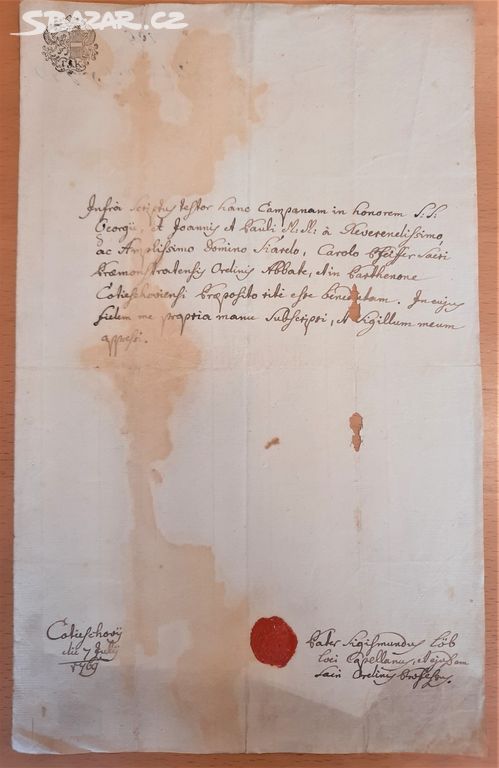 Starý dopis z roku 1769 !! + suchá pečeť