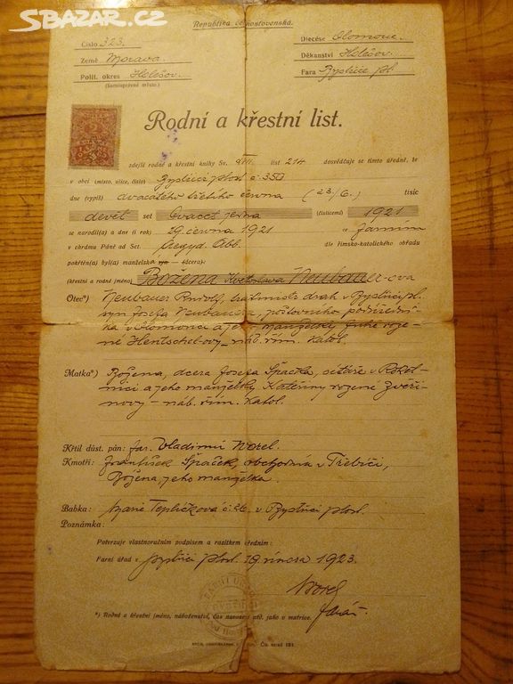 Rodný a křestní list ČSR r.1923