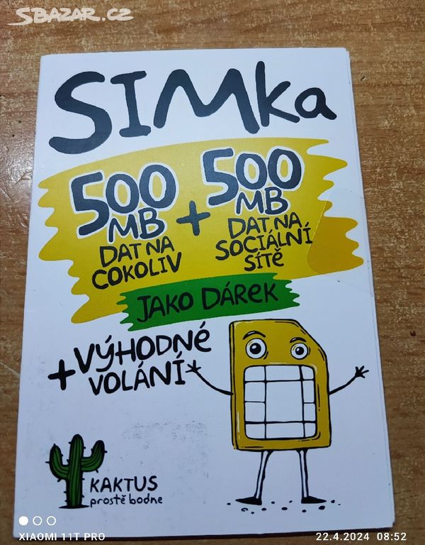 SIM KARTA KAKTUS 100 KČ, 1GB DATA.