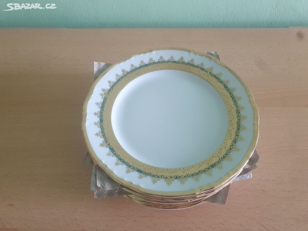 Sada dezertních talířů zeleno-zlatý lem THUN 17 cm