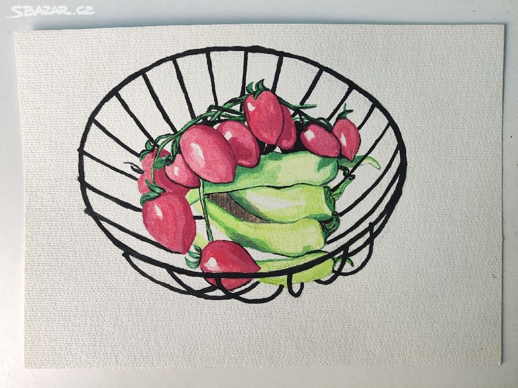 Akvarelová malba zelenina v míse