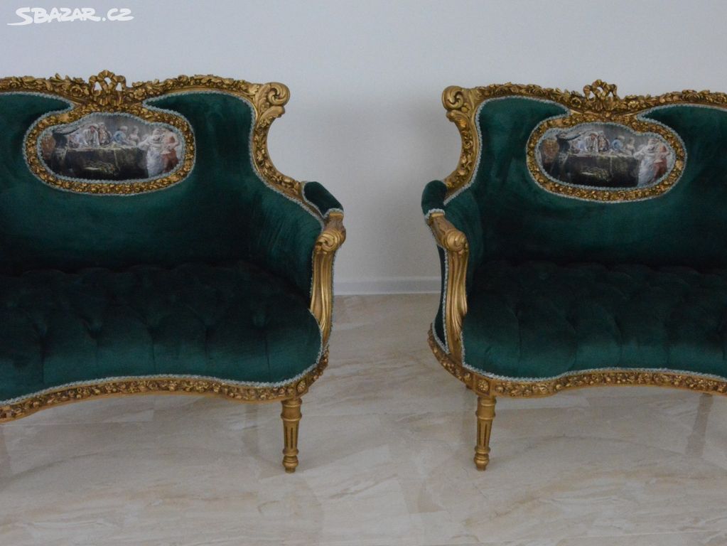 Zámecké řezbované sofa - čalouněné - mini - pár