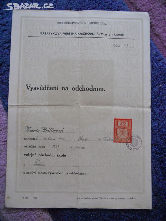 Staré vysvědčení na odchodnou, r. 1947, Tábor