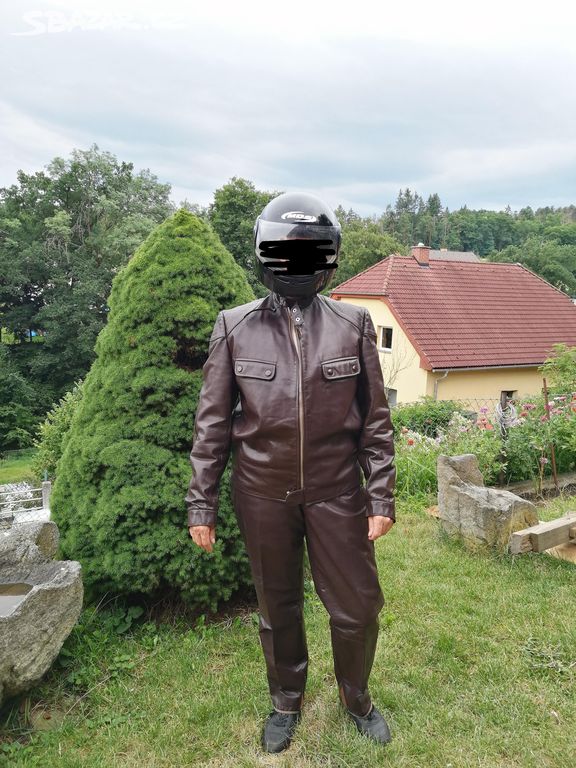 Motocyklová retro kožená bunda+kalhoty+rukavice