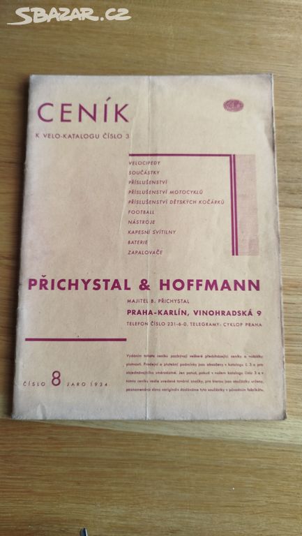 Ceník k velokatalogu Přichystal a Hoffmann 1934