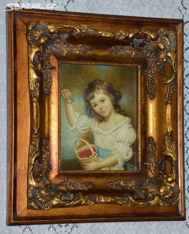 Zámecký obraz - Dívka s třešněmi - olej na desce