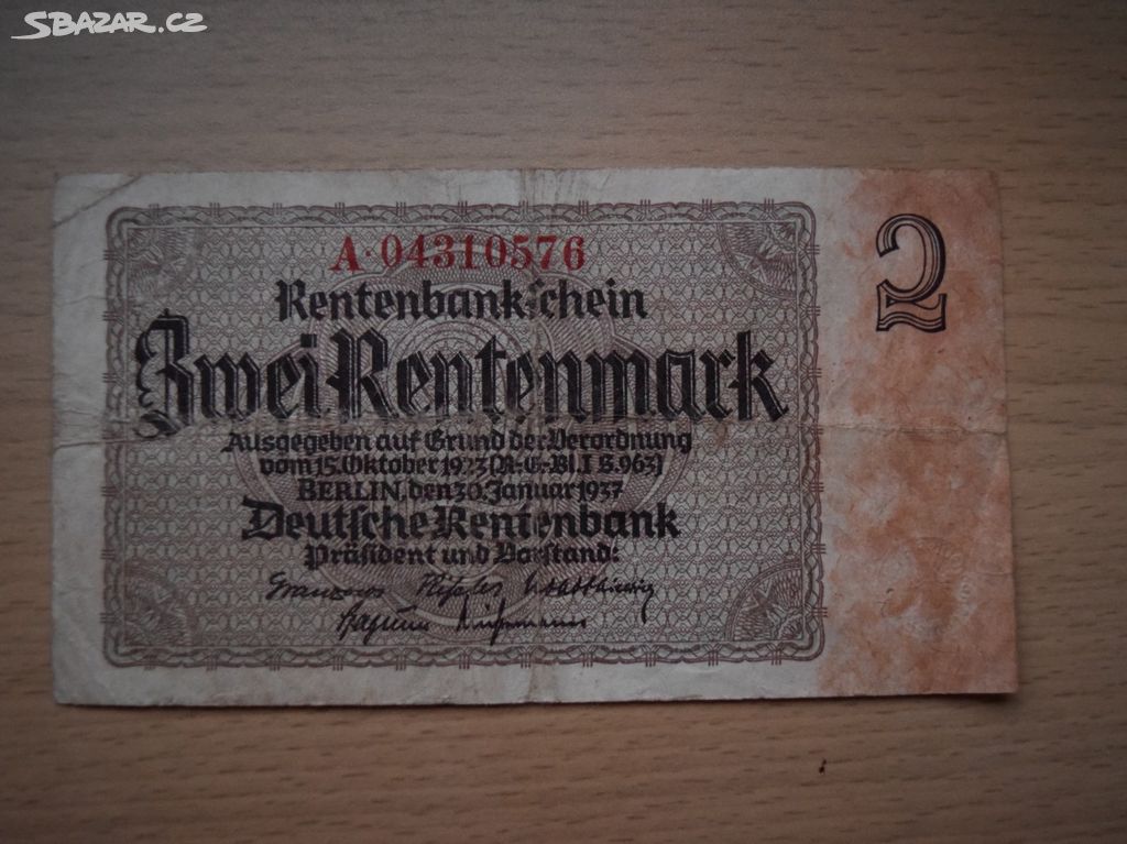 Bankovka 2 Rentenmark Německo 1937