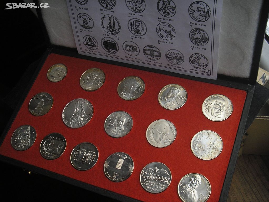 Stříbrné pamětní mince SR, 1993-1996 kazeta, karty