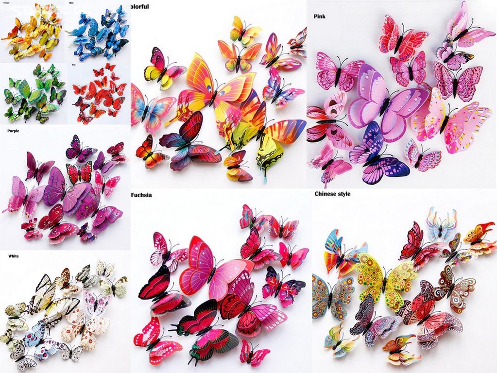 Barevné 3D motýlky s magnetem, 12 kus
