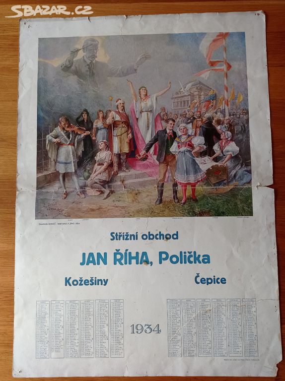 starý nástěnný kalendář z roku 1934 plakát Smetana