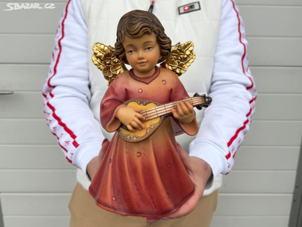 Kouzelný velký anděl s loutnou malovaný dřevěný