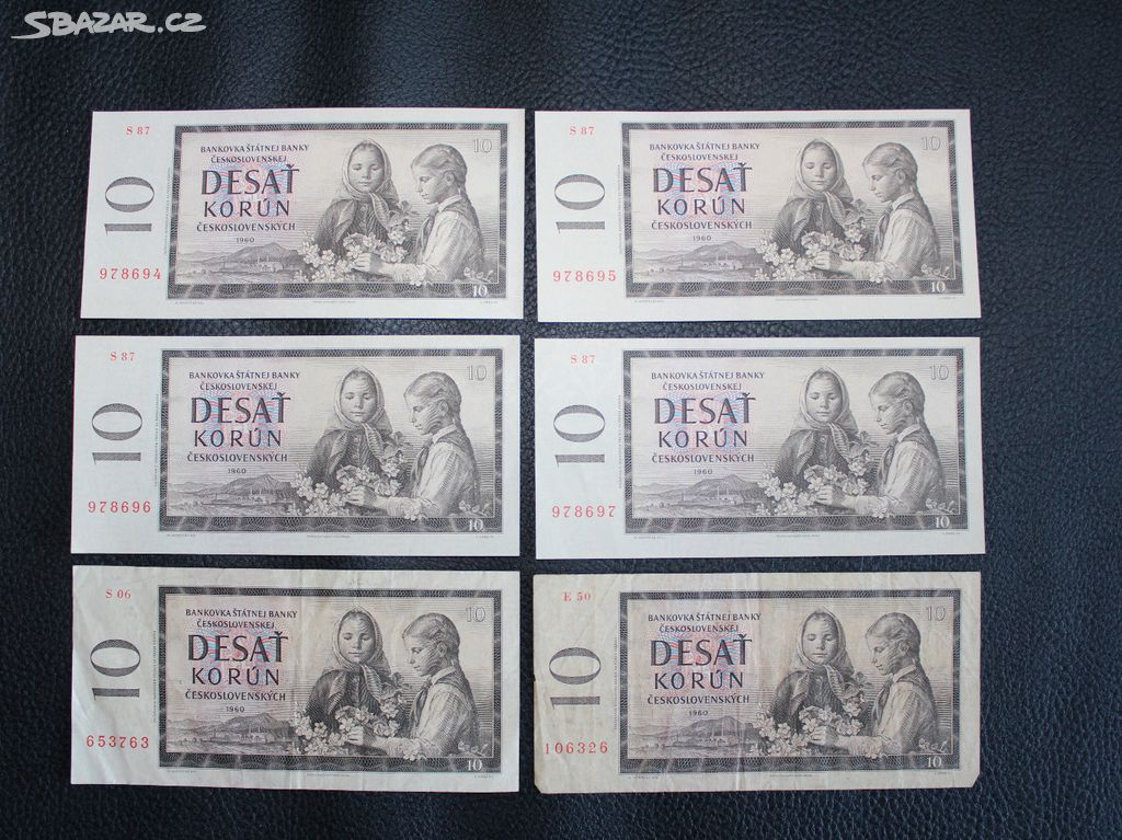 6 X 10 Kčs Koruna 1960 serie S87 POSTUPKA + 2 X E