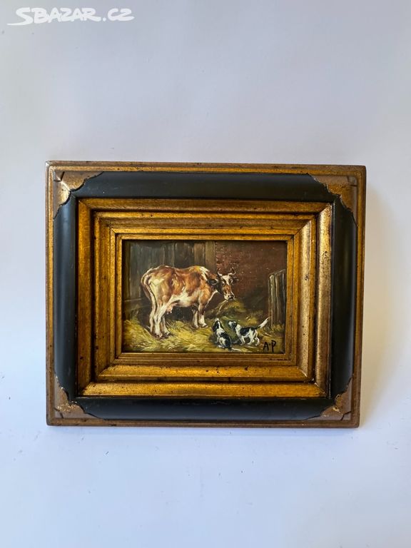 Kráva psi - obraz ve zlatém zdobeném rámu