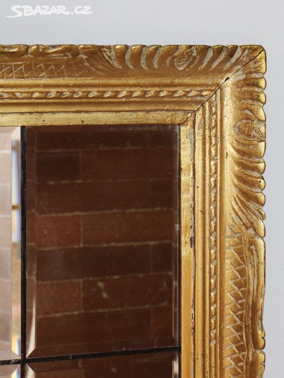 zrcadlo zlaté s patinou Vintage fazety krásný rám