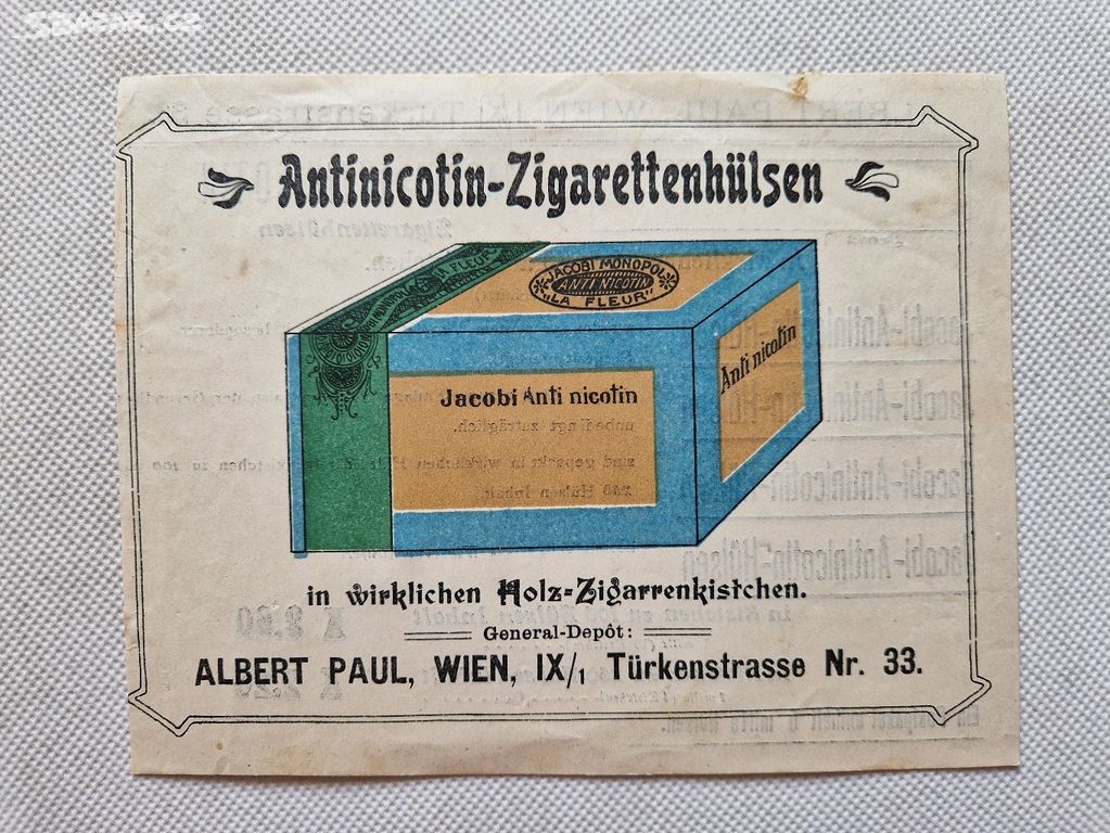 Starý reklamní leták Jacobi cigarety ca 1915 RU