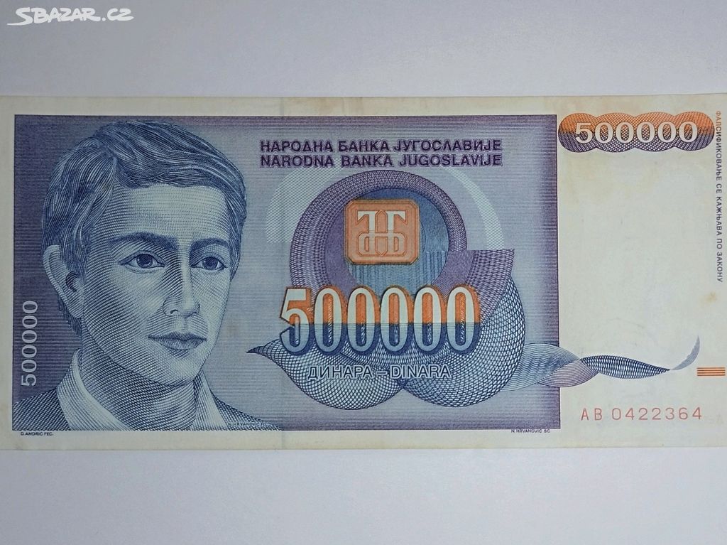 VÝPRODEJ  Jugoslávie hyperinflacni bankovka 500000