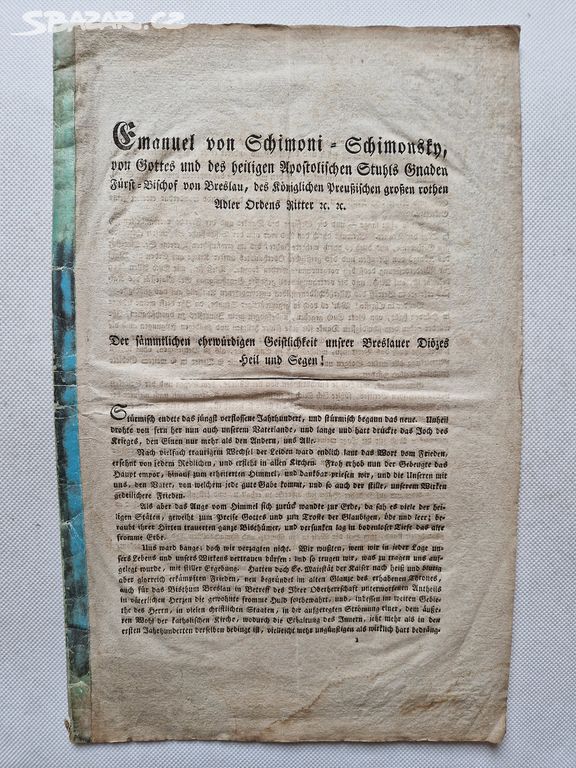 Starožitný tisk cirkulář 1825 Emanuel Schimoni