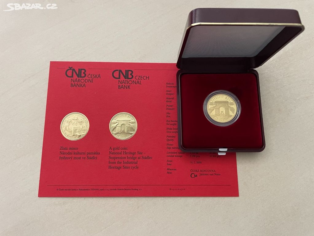 Zlatá mince 2500 Kč ŘETĚZOVÝ MOST VE STÁDLCI proof