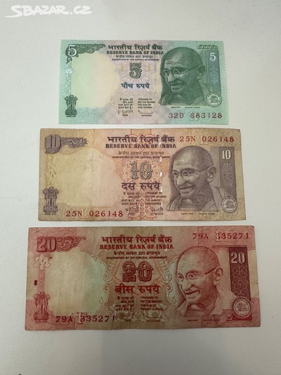 Bankovky Indie - sada 5, 10, 20 Rupees - Gándhí