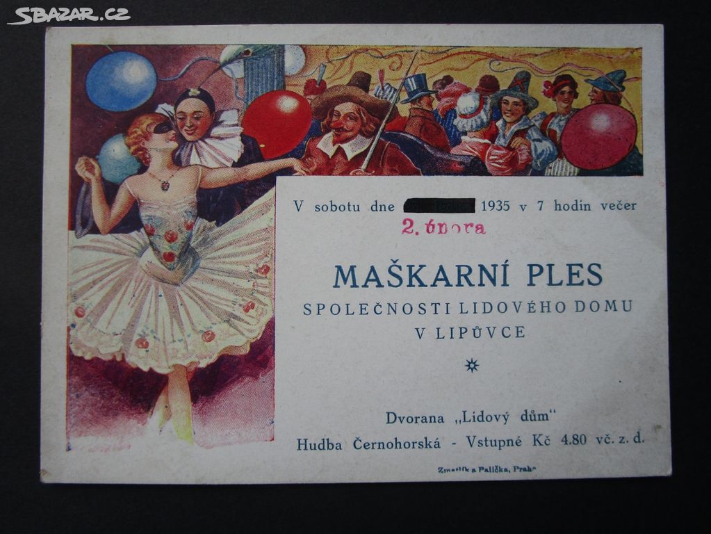 Stará plesová pozvánka, Lipůvka, 1935