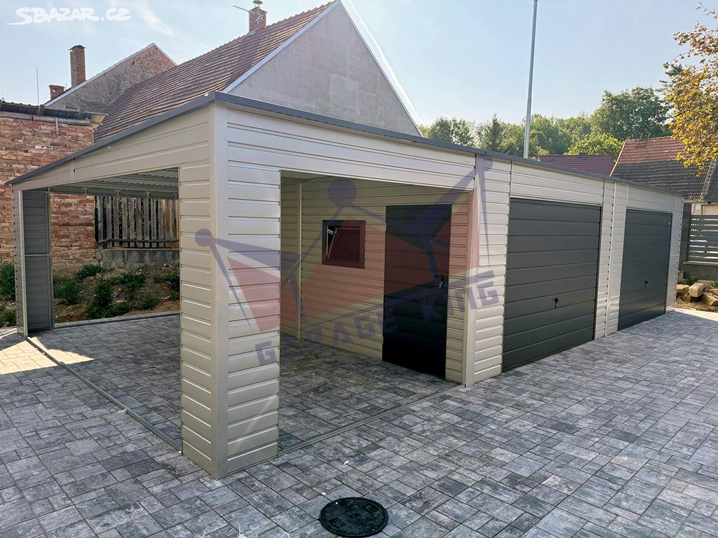 Plechová garáž PREMIUM 8x6 s přístřeškem 3x6 m