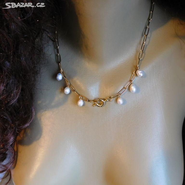 Náhrdelník-nerez zlatá ocel, bílé perly