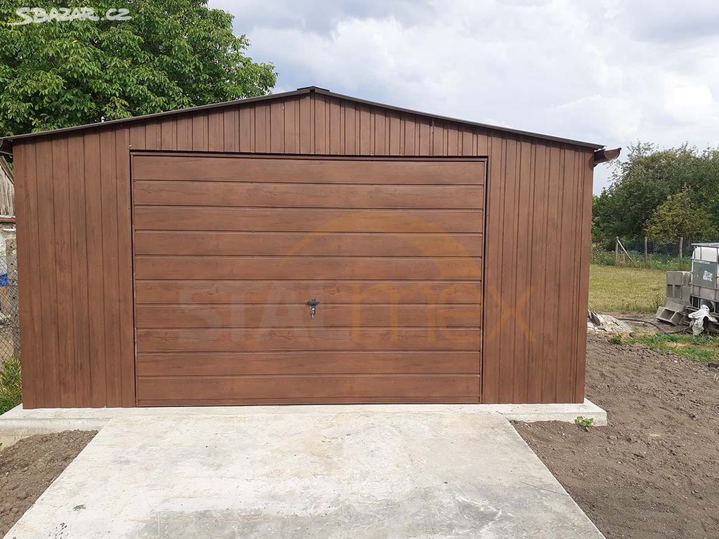 Plechová garáž 5x6x2,5  ořech (imitace dřeva)