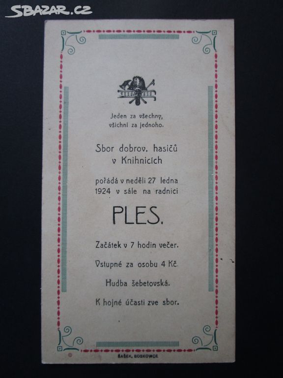 Stará hasičská plesová pozvánka, Knihnice, 1924