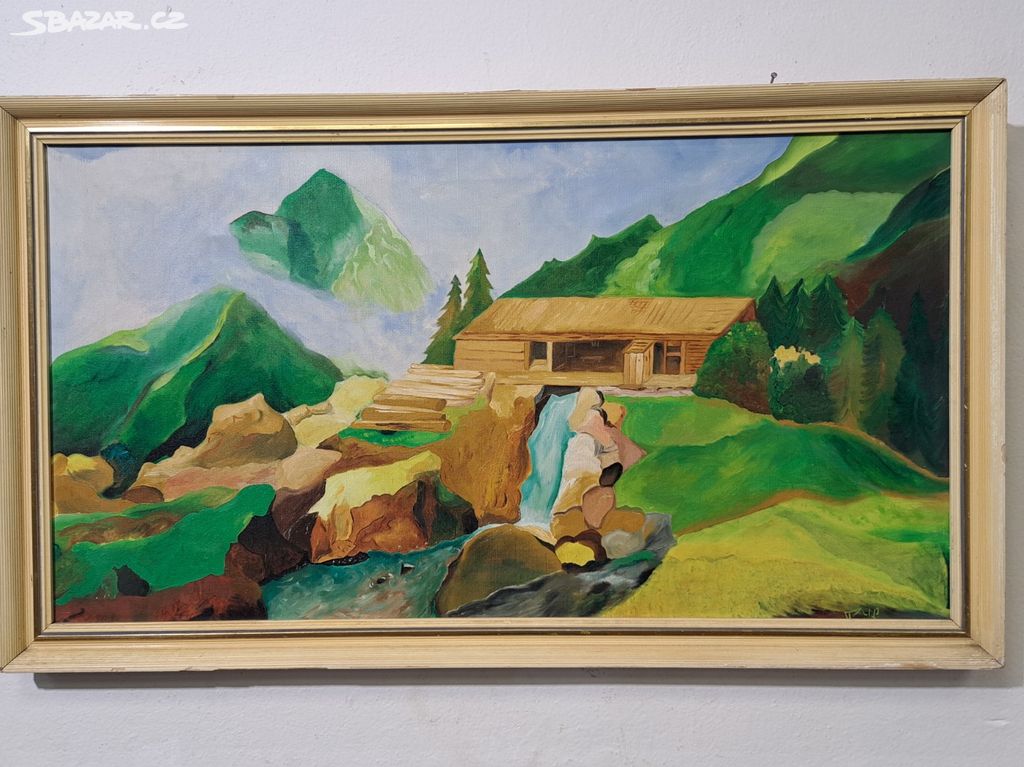 Starožitný velký obraz  - Chata v horách 7057