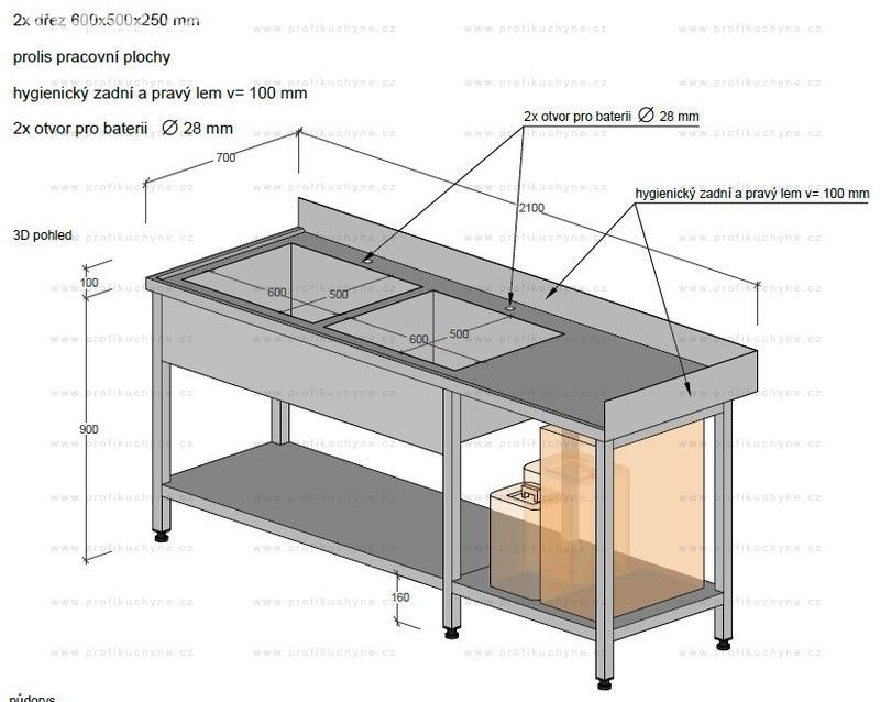 Nerezový stůl se dvěma dřezy 210x70x90cm