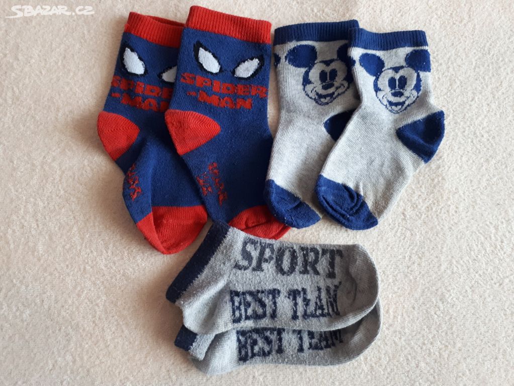 3x dětské ponožky, Spiderman, Mickey, vel.19-22