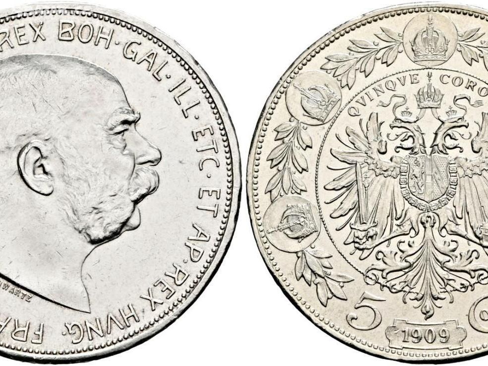 5 Koruna 1909 (autor Schwartz) F.J.I.,ražební lesk