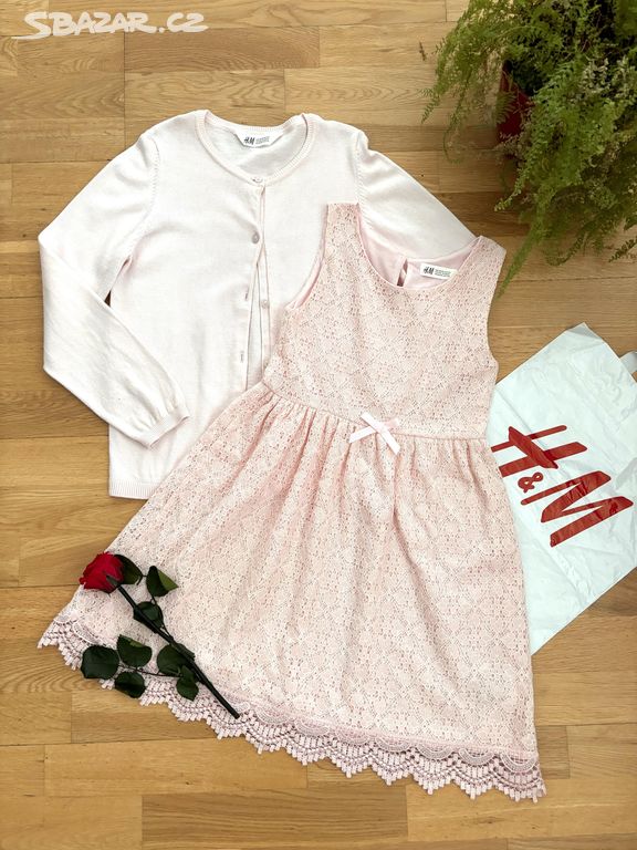 H&M set šaty svetřík 134-140 sv. růžová