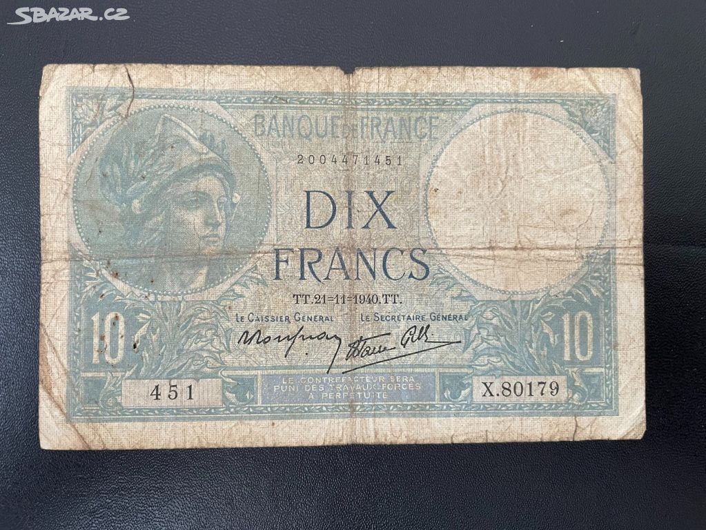 Bankovka Francie 10 Fransc 1940