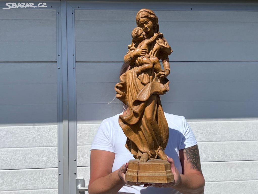 Velká dřevěná socha Panna Marie s jezulátkem 54cm