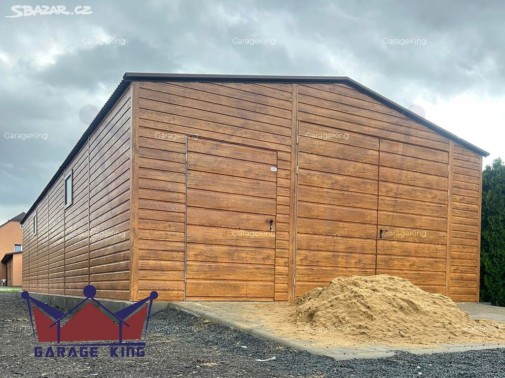 Plechová garáž 6x15m, sklad, dílna v imitaci dřeva