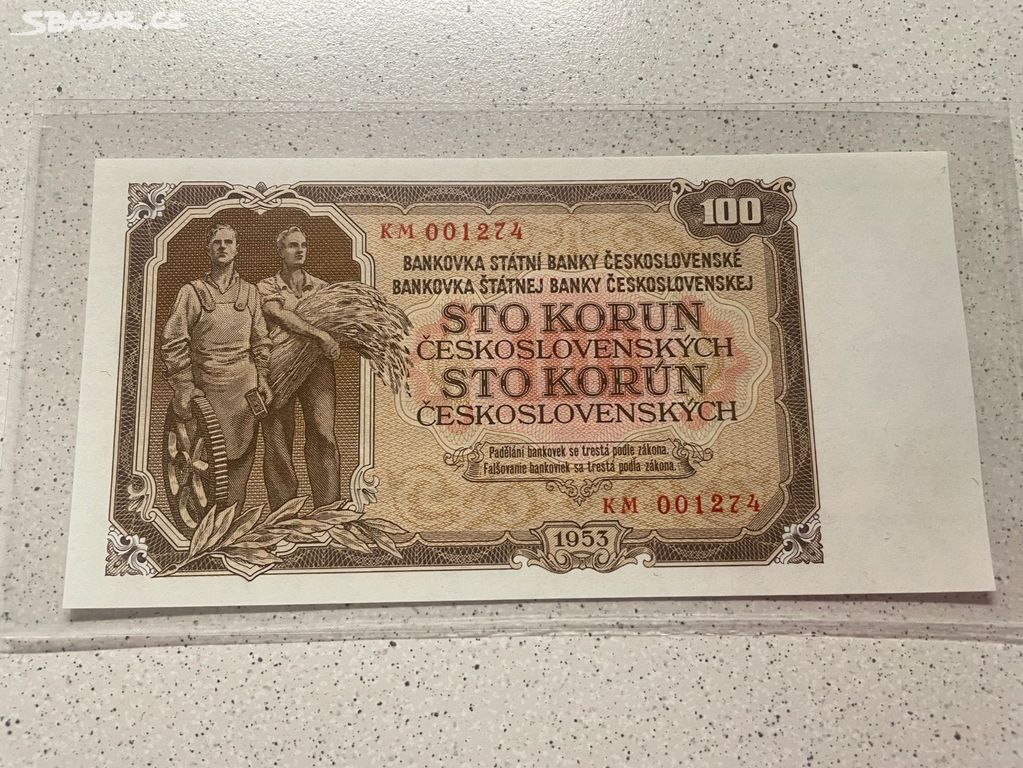 Bankovka 100 Kčs 1953 série KM, UNC stav !