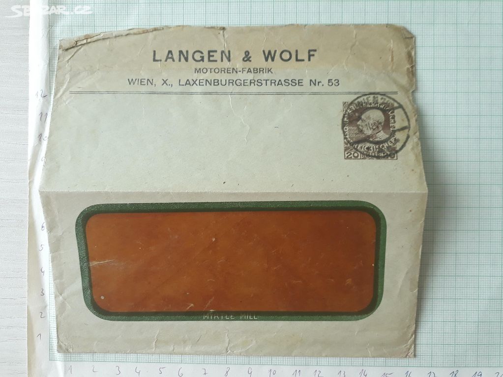 Obálka Langen et Wolf, známka 20 h. 1908, razítko