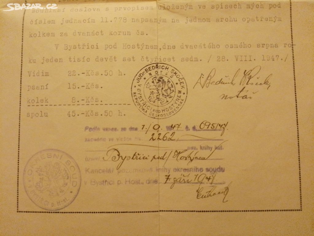 Stará tiskovina Notářský zápis r.1947