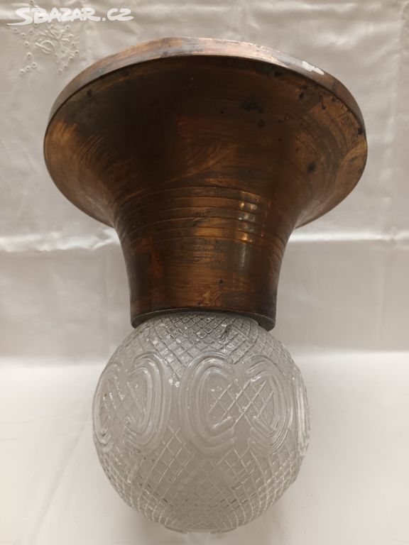 Starožitná lampa stropnice - mosaz a sklo