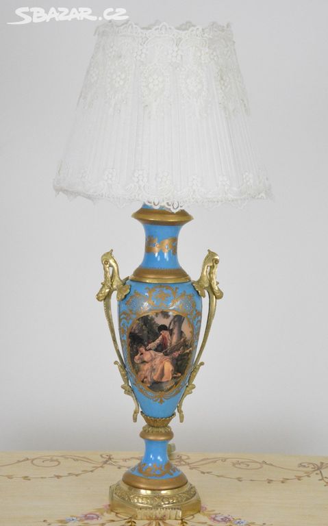 Zámecká stolní lampa se stínidlem - porcelán+bronz